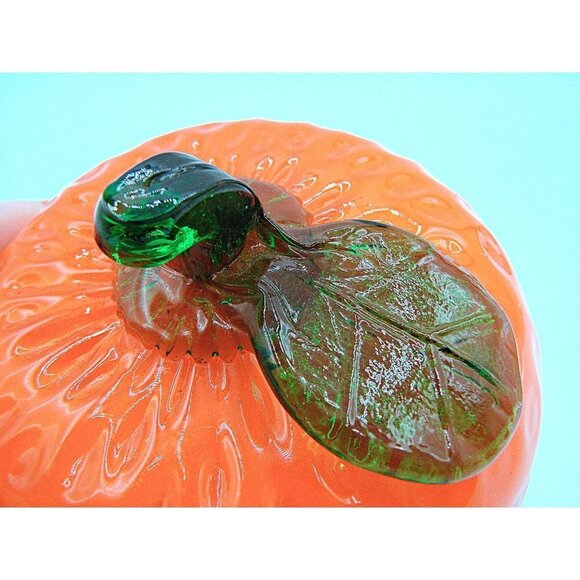 Vintage Murano Glass Orange Fruit Decor Stem Leaf Dimples Bright Orange 3x3" - Picture 11 of 12